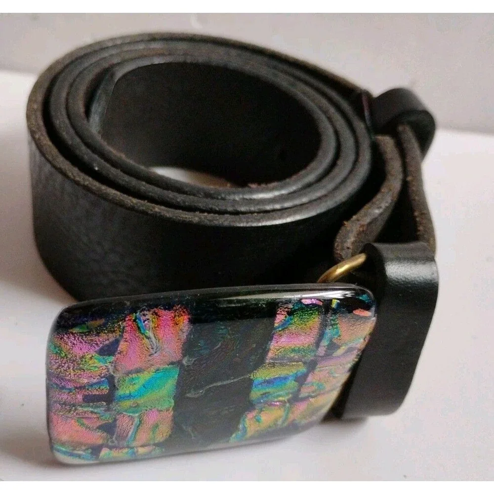 New Vera Pelle Italian Leather Belt 110 US 36 Fused Dichroic Glass Buckle